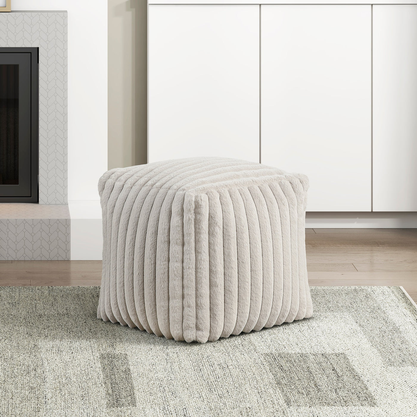 Square Pouf Plush Off-White Corduroy Fabric Upholstery Modern Ottoman
