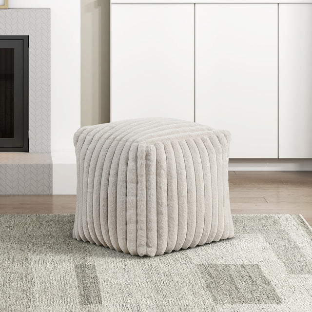 Square Pouf Plush Off-White Corduroy Fabric Upholstery Modern Ottoman