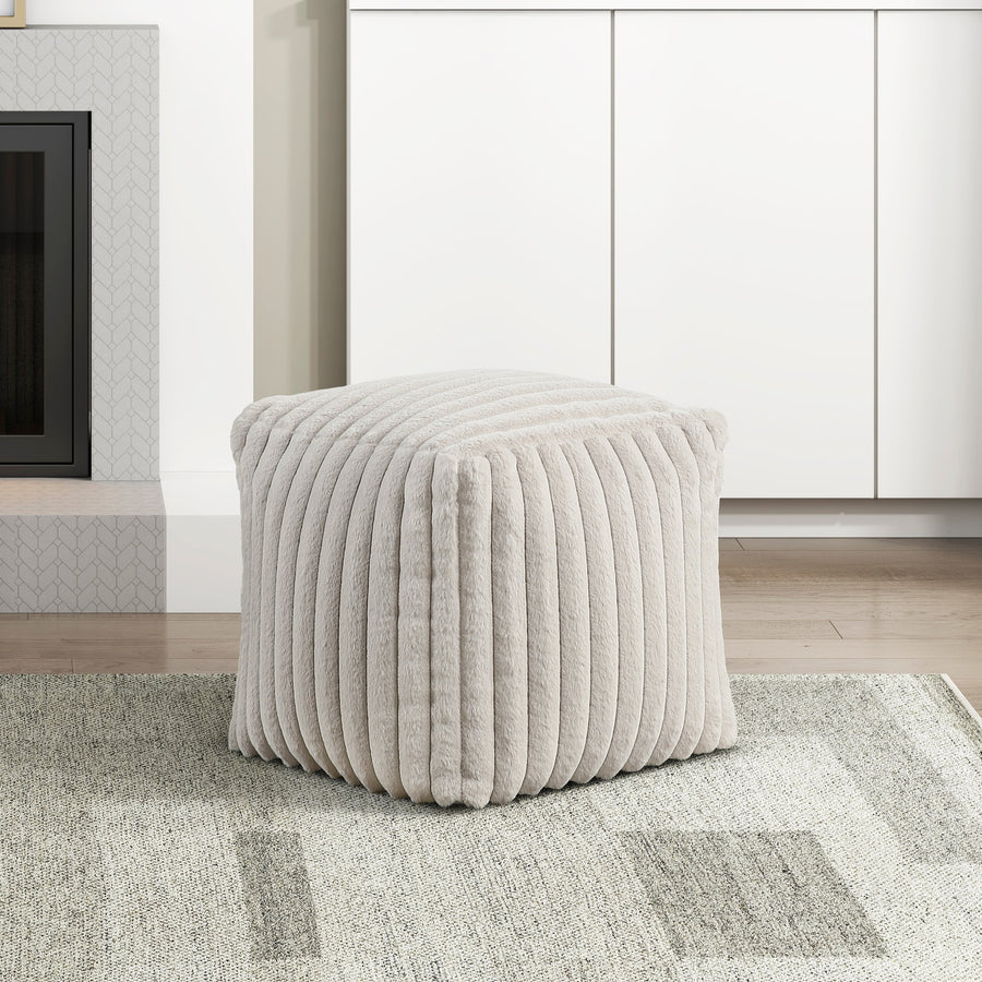 Square Pouf Plush Off-White Corduroy Fabric Upholstery Modern Ottoman