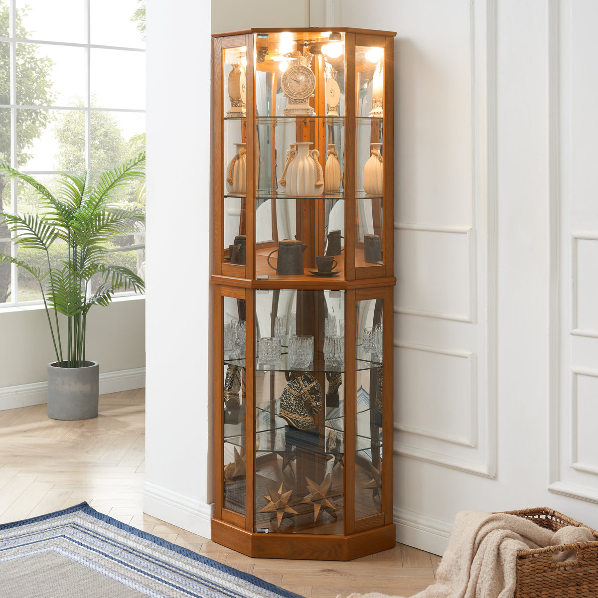 Irene 6-Shelf Corner Curio Cabinet with Adjustable Shelves, Oak