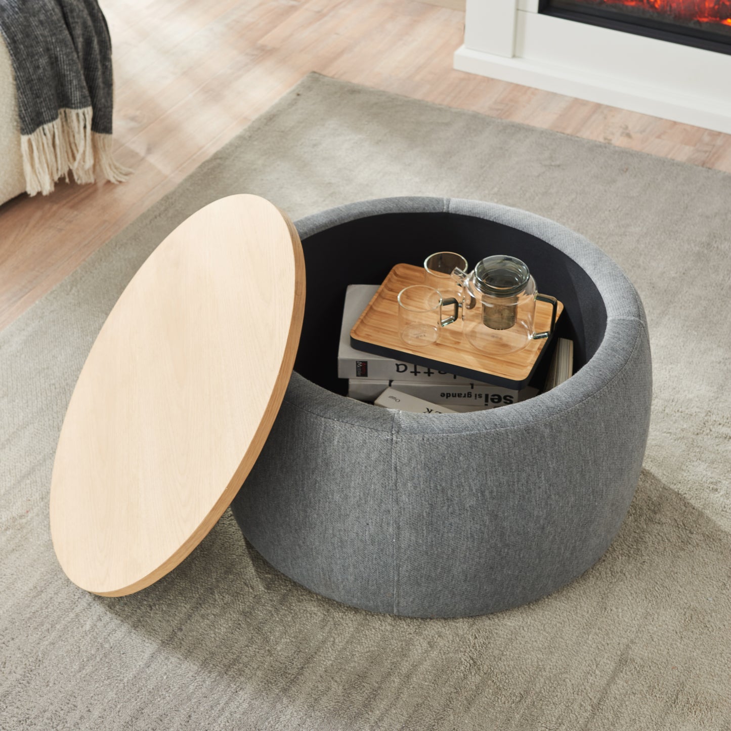 Jules Round Upholstered Storage Ottoman with Wooden Top, Gray
