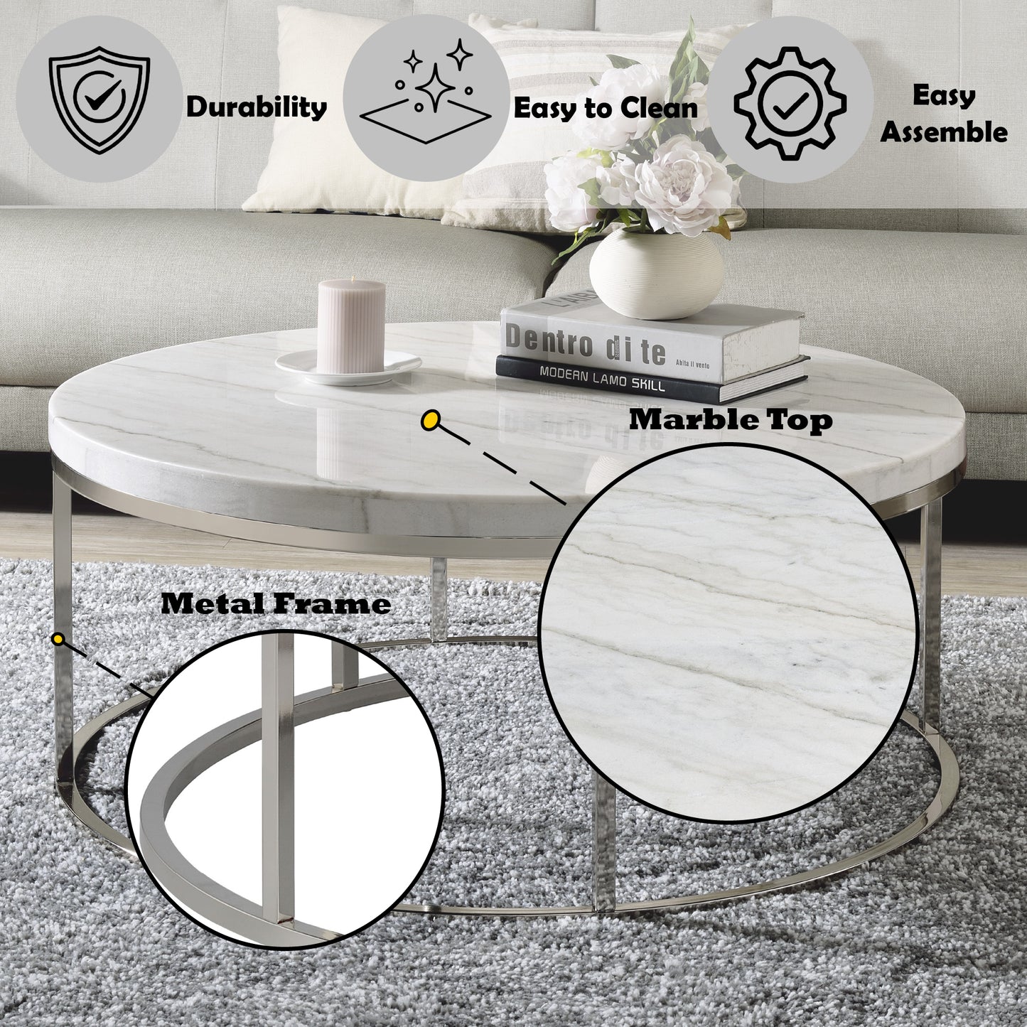 Zaidee Mable Top & Nickel Finish Coffee Table