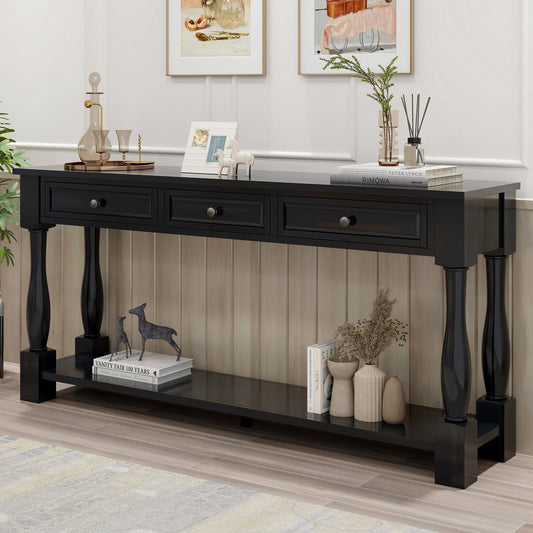 Xyla 63" Traditional 3-Drawer Console Table with Lower Shelf, Espresso