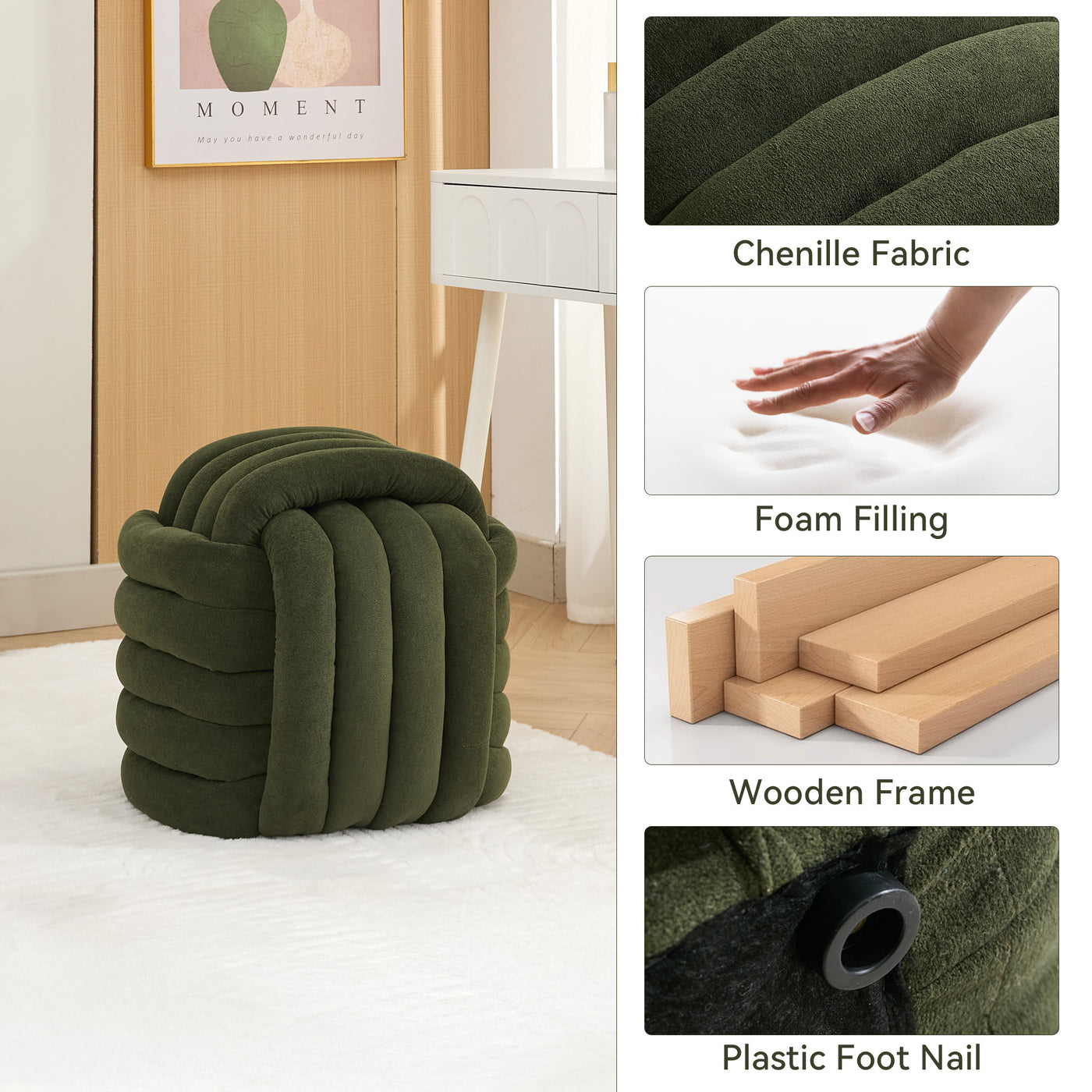 Darien Modern Chenille Knot Design Ottoman, Green