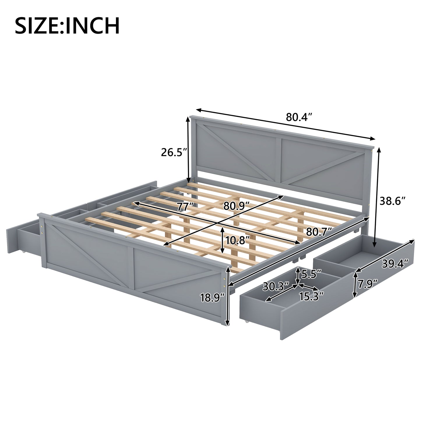 Rita King Size Platform Storage Bed with 4 Drawers - Gray