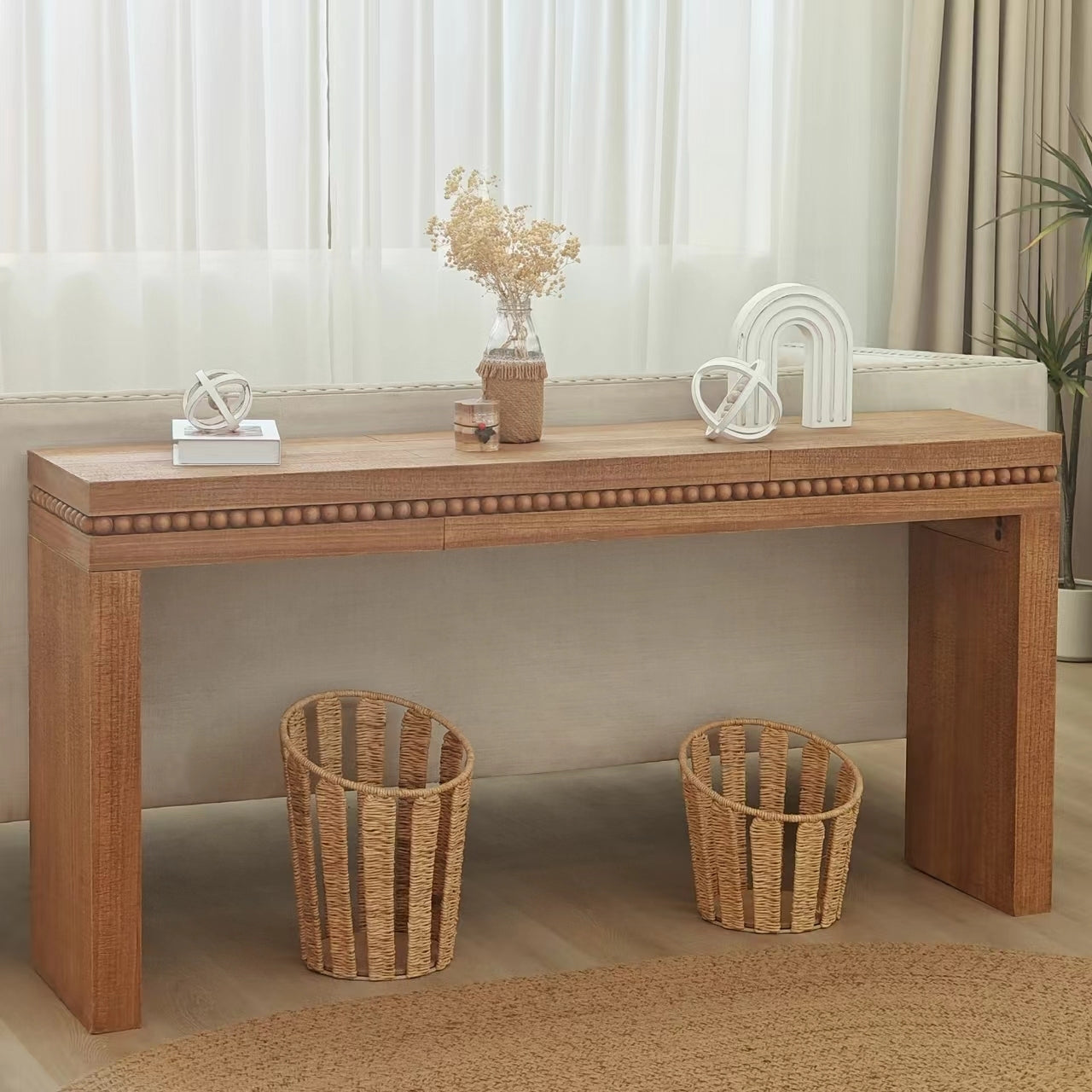 Ansel Wooden Console Table with Real Wood Beads Decoration, Natural