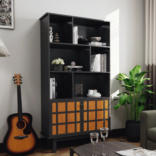Bookcase with Cabinet, Bookshelf with Doors, Black&Honey