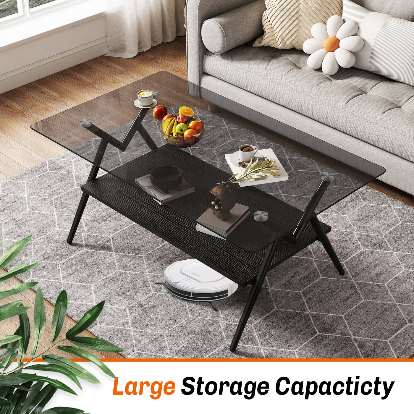 Waylon Modern Gray Glass Top Coffee Table, Black