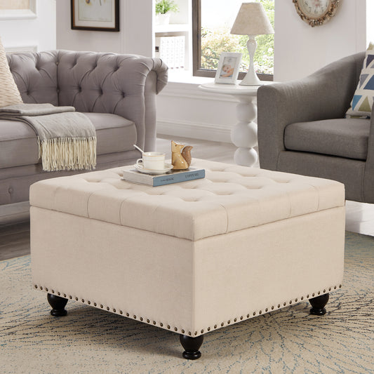 Trent Traditional Linen Storage Ottoman with Turned Feet - Beige
