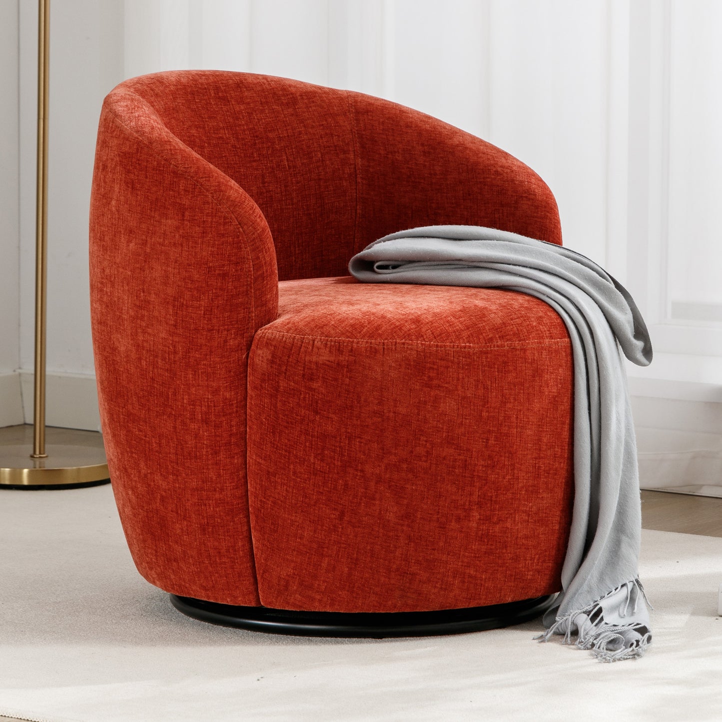 Misty Chenille Barrel Swivel Chair with Metal Ring - Orange
