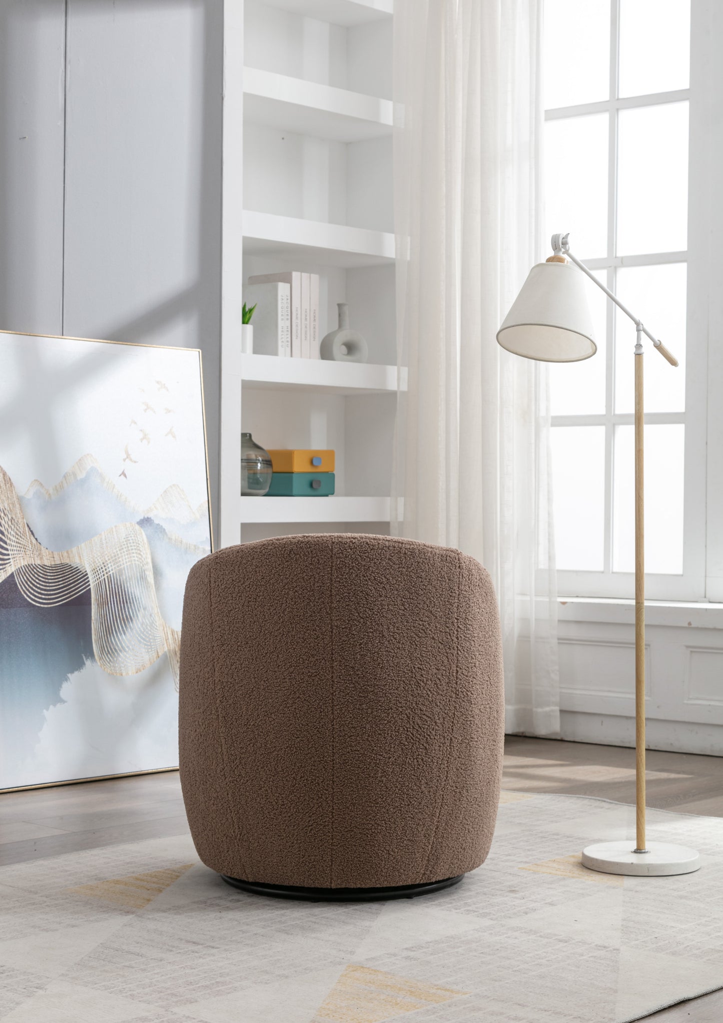 Trinity Teddy Upholstered Swivel Barrel Chair with Metal Ring - Coffee