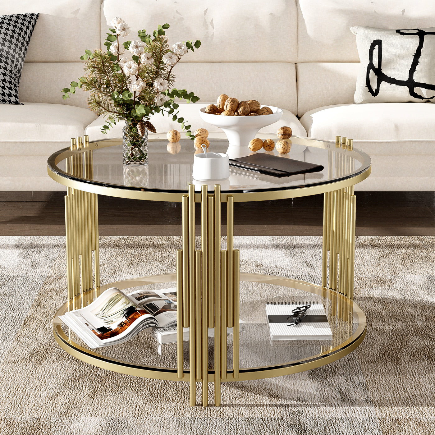 Clover Modern Glass Coffee Table with Gold Frame
