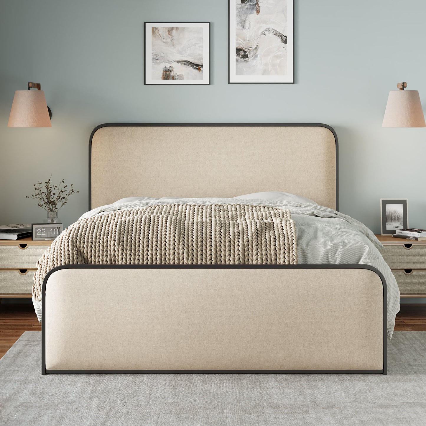 Liriel Modern Metal Frame Queen Bed with Upholstered Headboard & Footboard, Beige