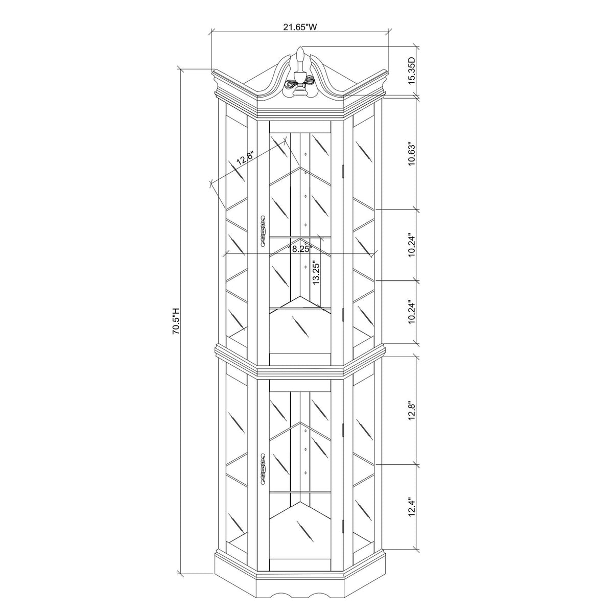 Agatha Traditional Curio with Adjustable Shelves & Mirror Back, Walnut