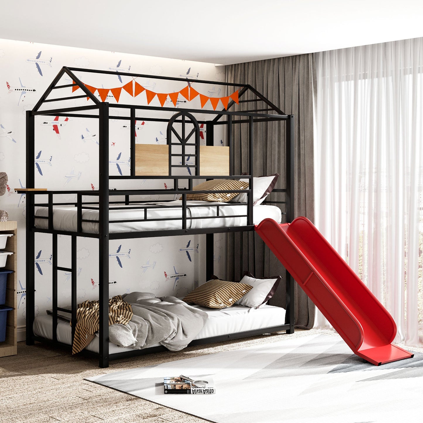 Lester Twin over Twin Metal Bunk Bed with Slide, Black