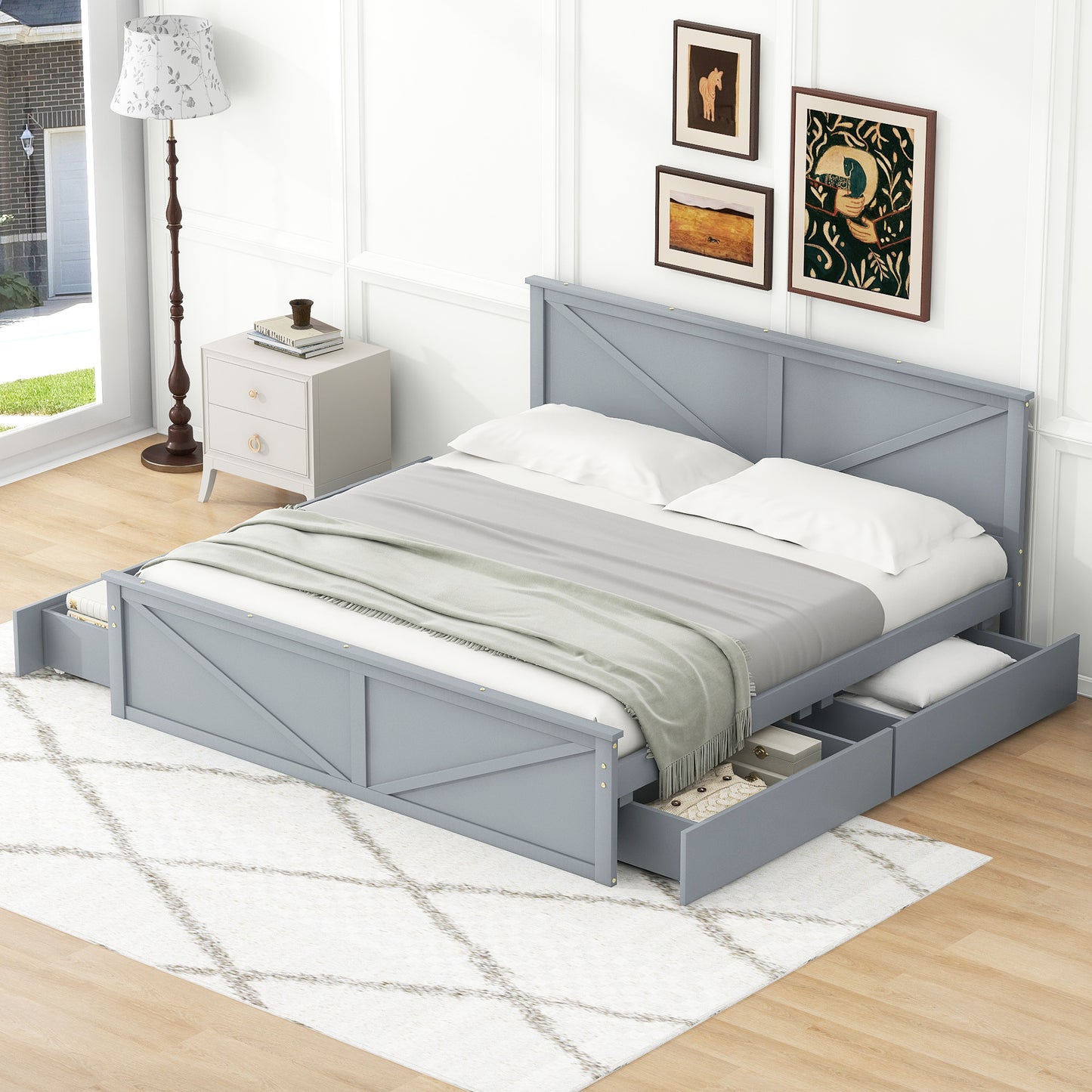 Rita King Size Platform Storage Bed with 4 Drawers - Gray