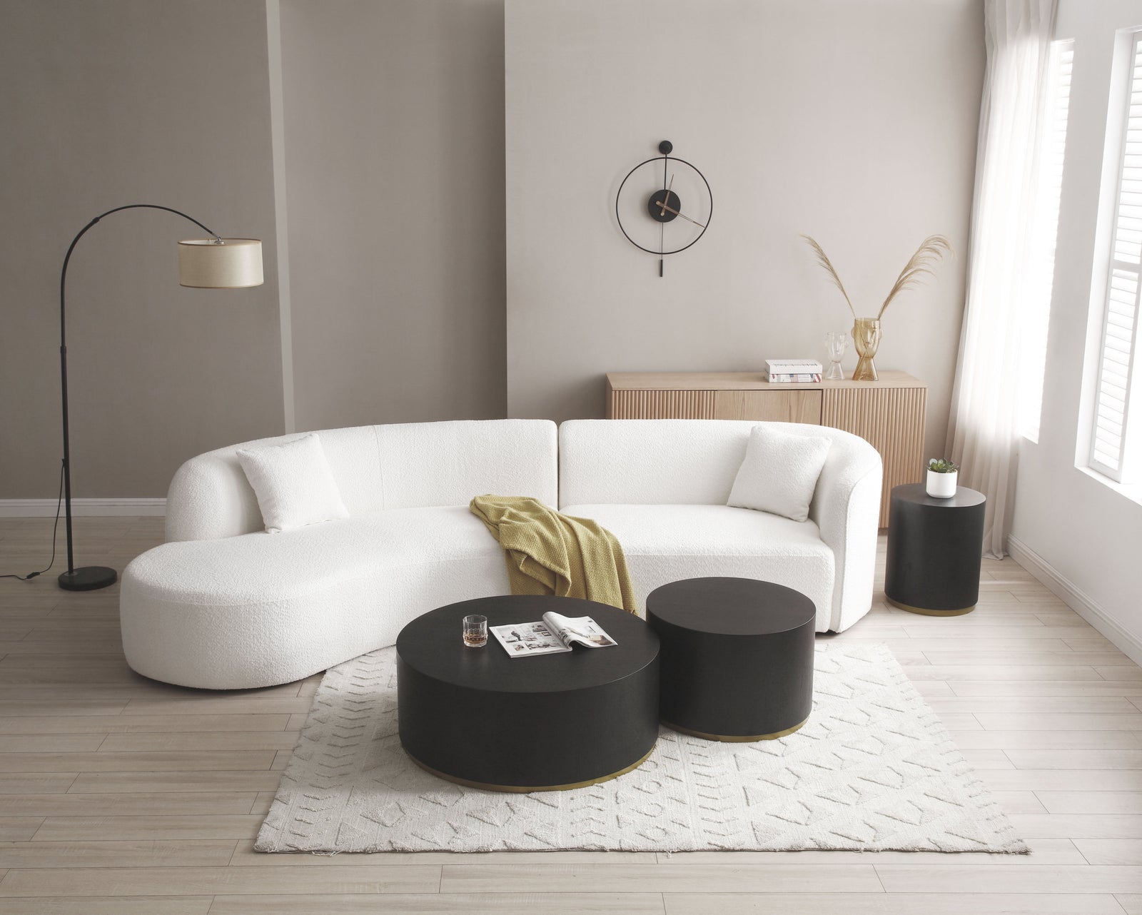 Jove Modern Curved Sectional in White Boucle