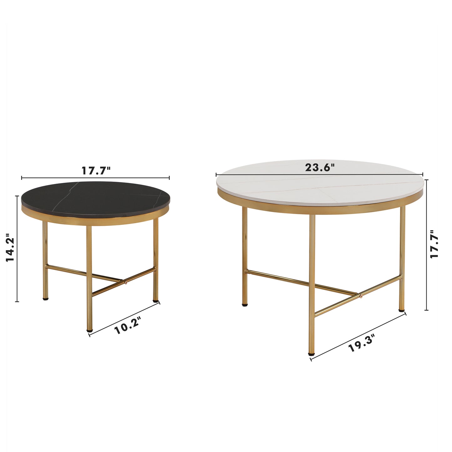 Zinnia Modern Round Nesting Coffee Table Set, Black & White Sintered Stone Top Gold Base