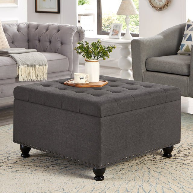 Trent Traditional Linen Storage Ottoman with Turned Feet - Dark Gray