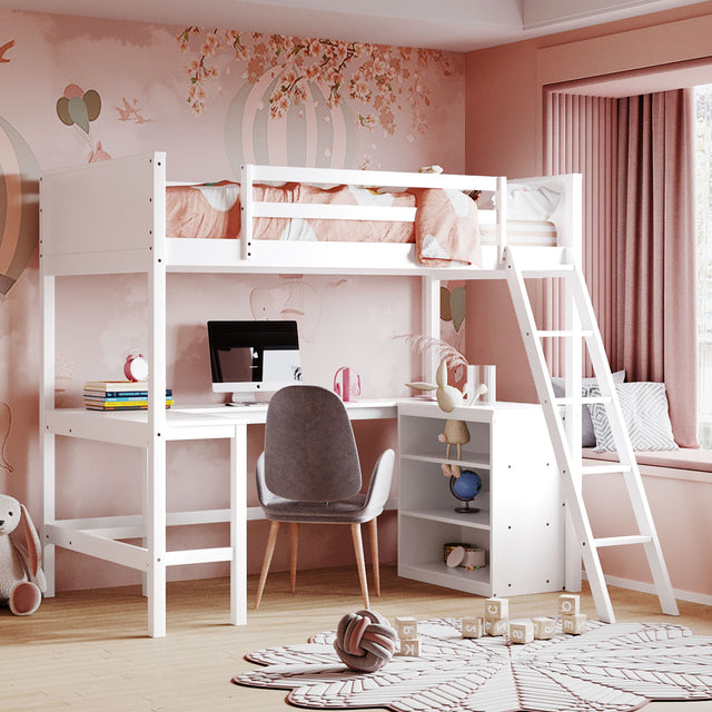 Truett Twin size Loft Bed with Shelves and Desk, Wooden Loft Bed with Desk