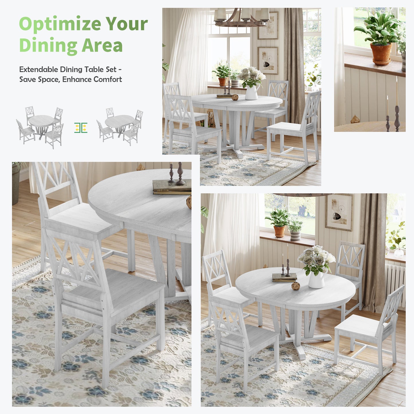Harper Rustic 5-Piece Extendable Dining Table Set, Light Gray
