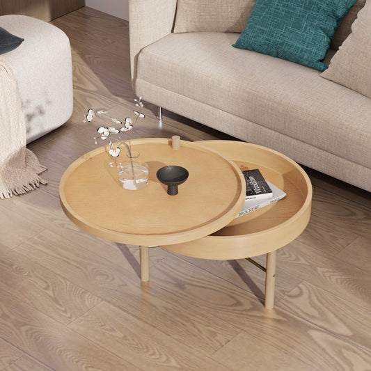 Misty Modern Round Wood Rotating Tray Coffee Table with Storage & Metal Legs in Natural