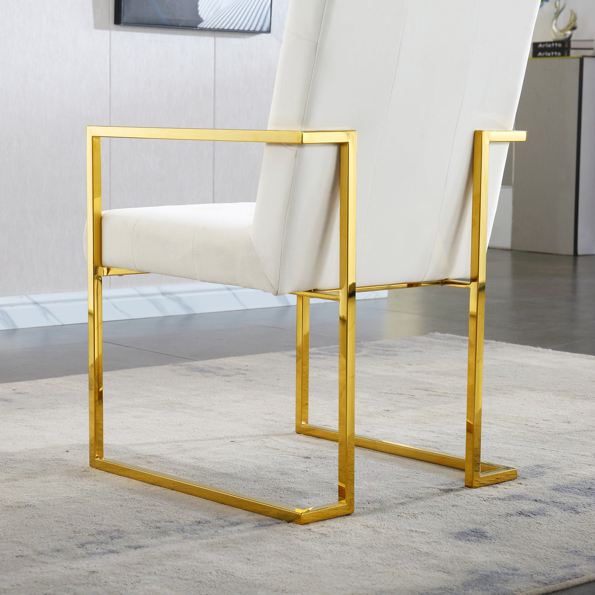 Brax Modern Velvet Arm Chair with Gold Frame - White