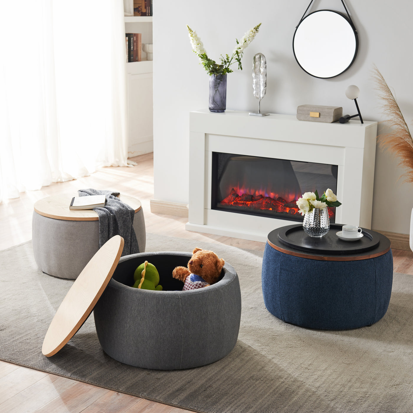 Jules Round Upholstered Storage Ottoman with Wooden Top, Blue
