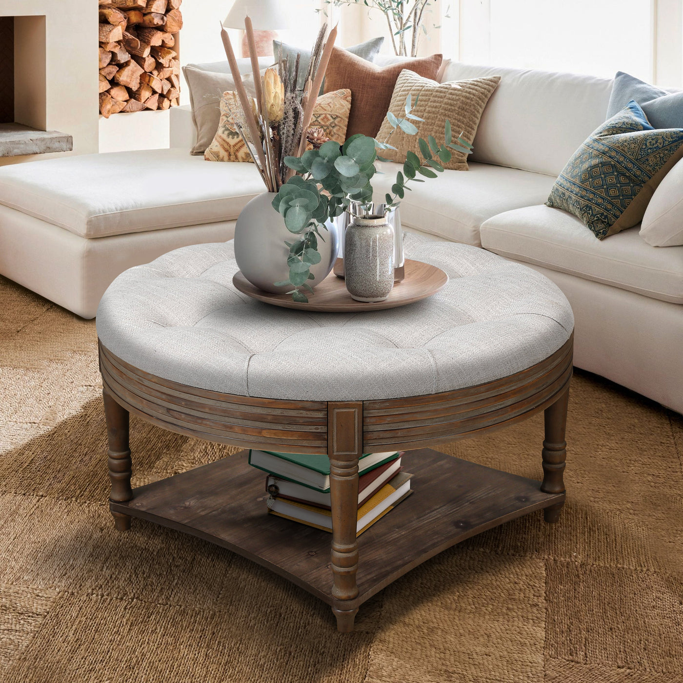 Hartford Large Round 2-Tier Ottoman Coffee Table with Tufted Linen Top