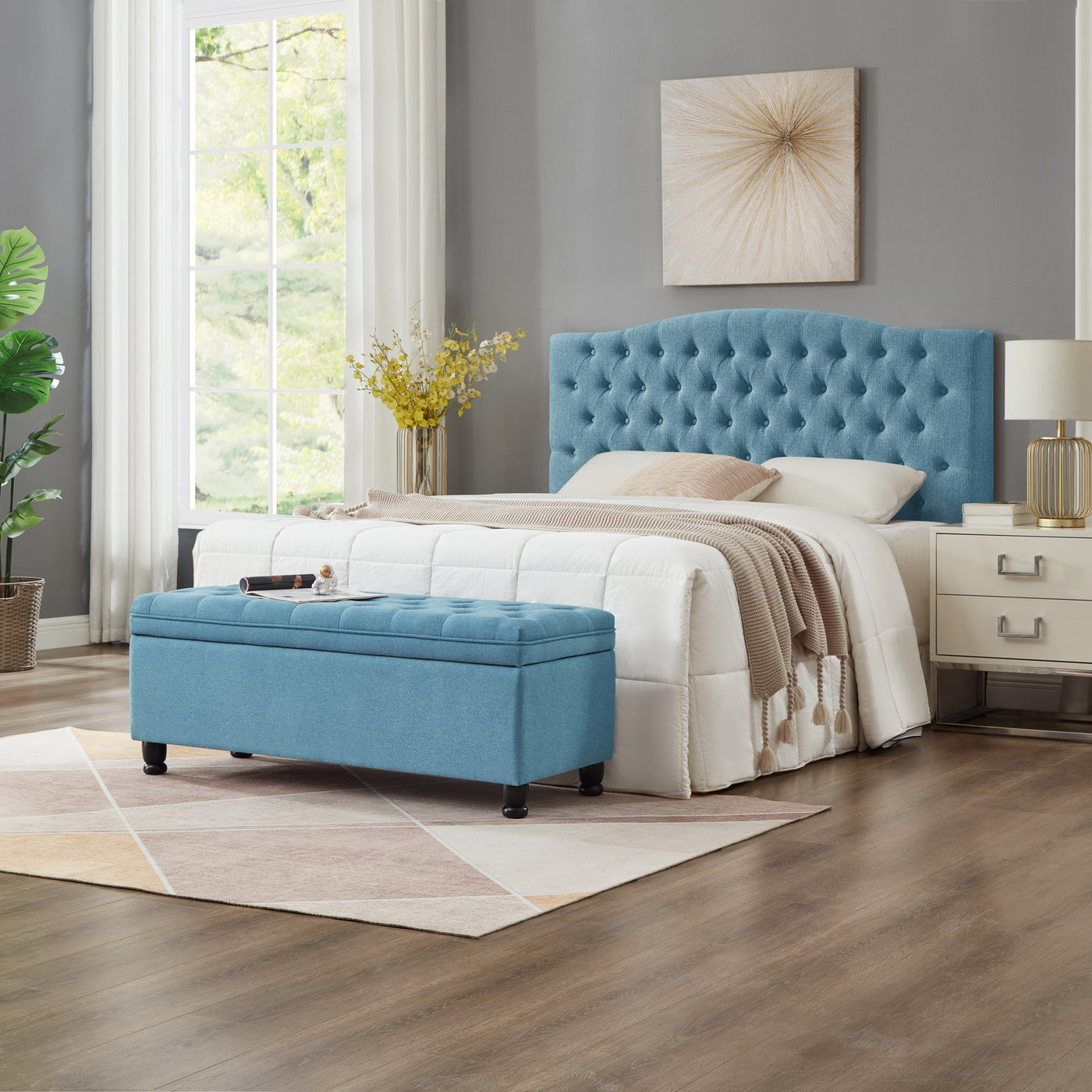 Sandy Tufted Linen Storage Ottoman with Black Legs