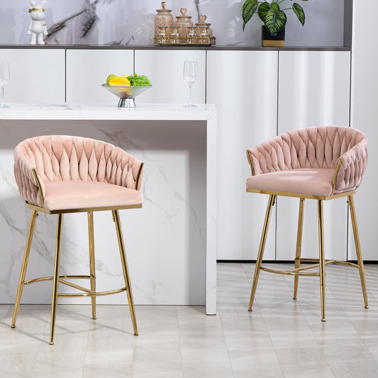 Elegant Velvet 26'' Counter Height Bar Stool with Hand-Wave Back and Golden Chrome Base Set of 2 Pink