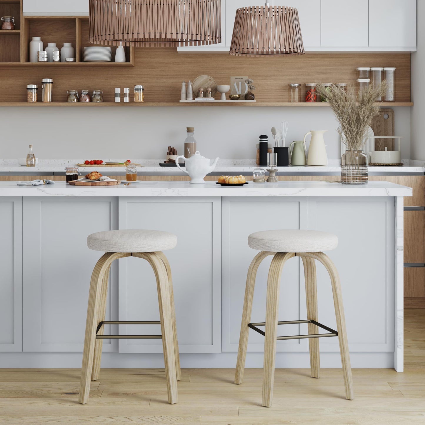 Alden Swivel Fabric Bar Stool (Set of 2) – Beige