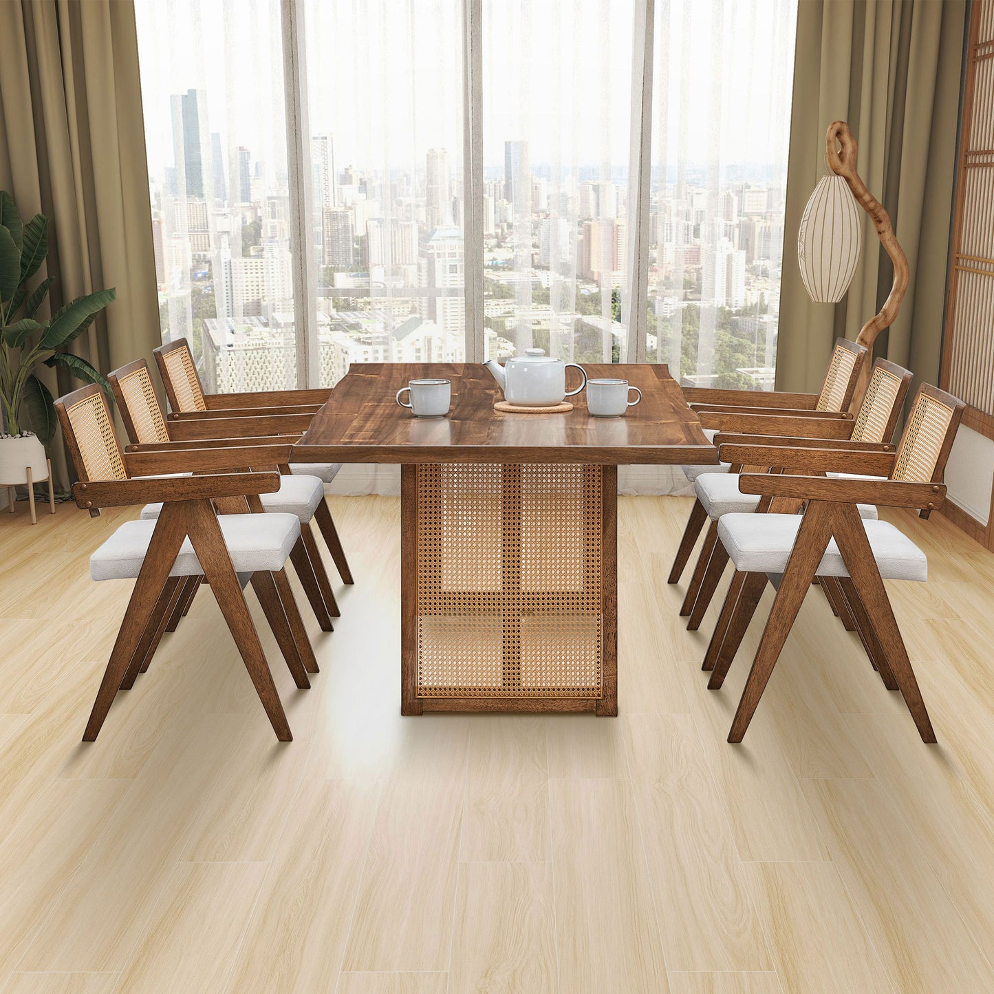 Marlowe Mid-Century Modern Rattan Back Arm Chairs (Set of 2), Oak