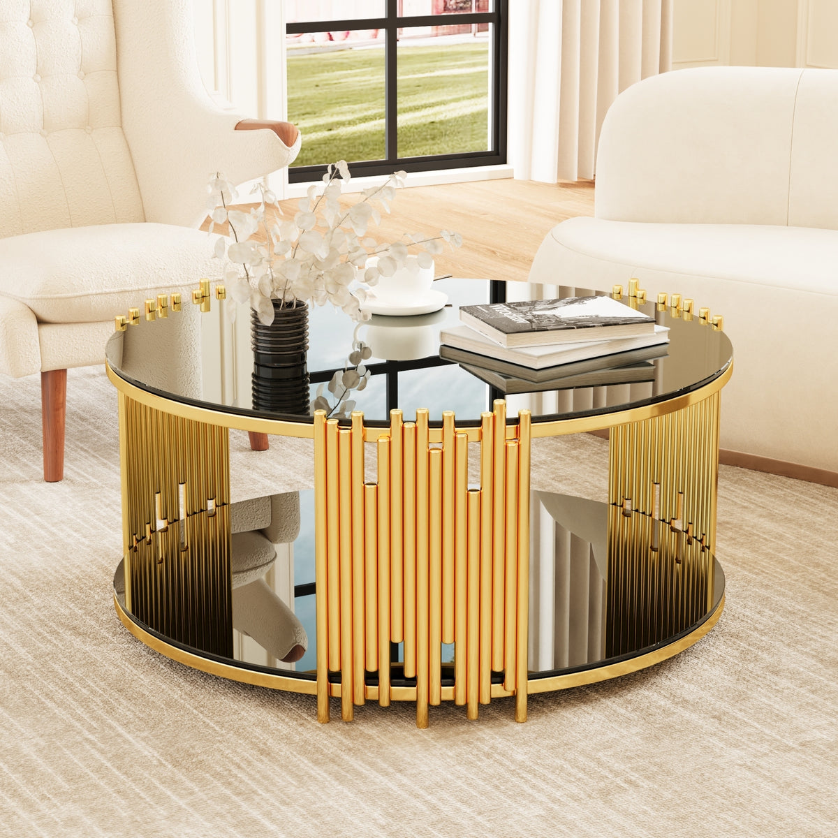 Hellen Modern Steel Coffee Table with Black Tempered Glass Top