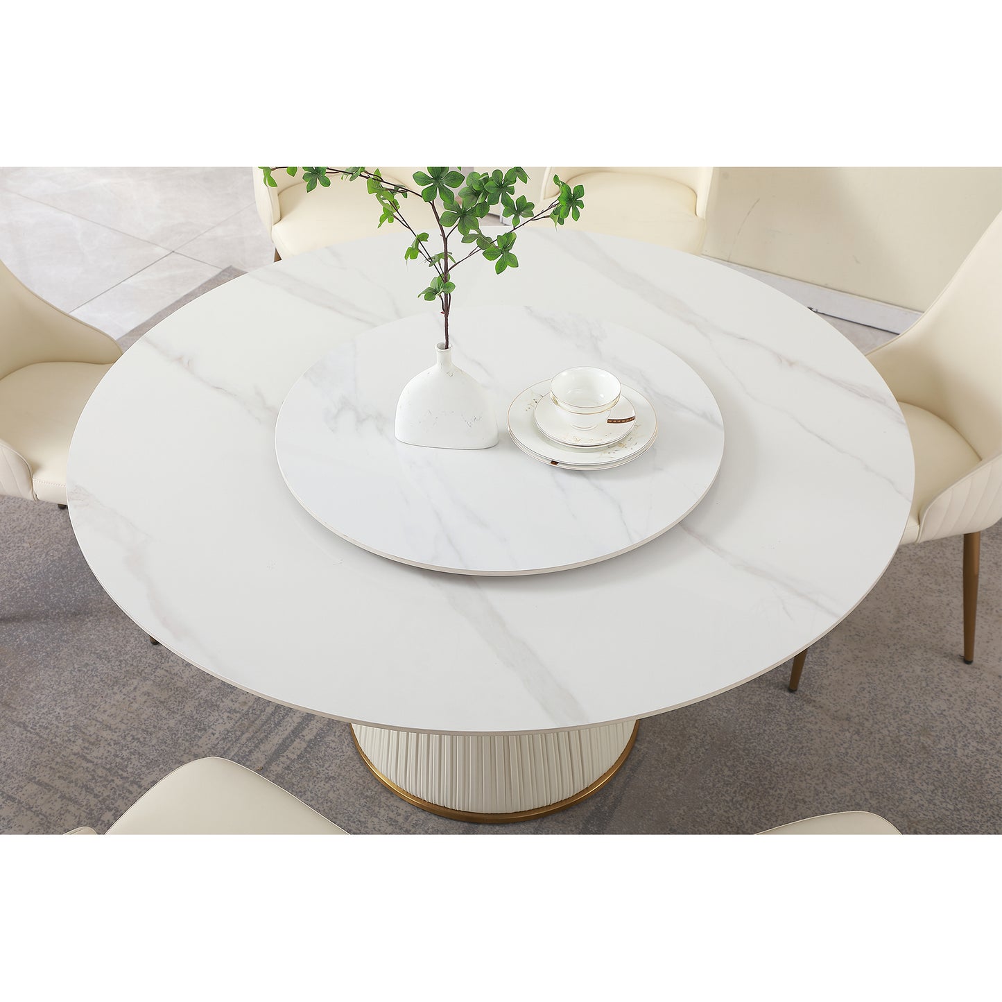 Aurora 59" Round White Sintered Stone Dining Table with Turntable