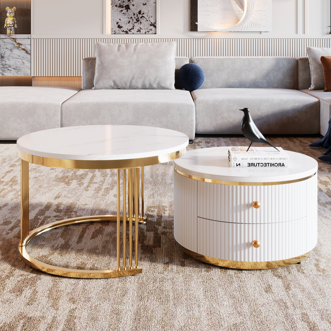 Elysia Modern Nesting Coffee Table in White & Gold