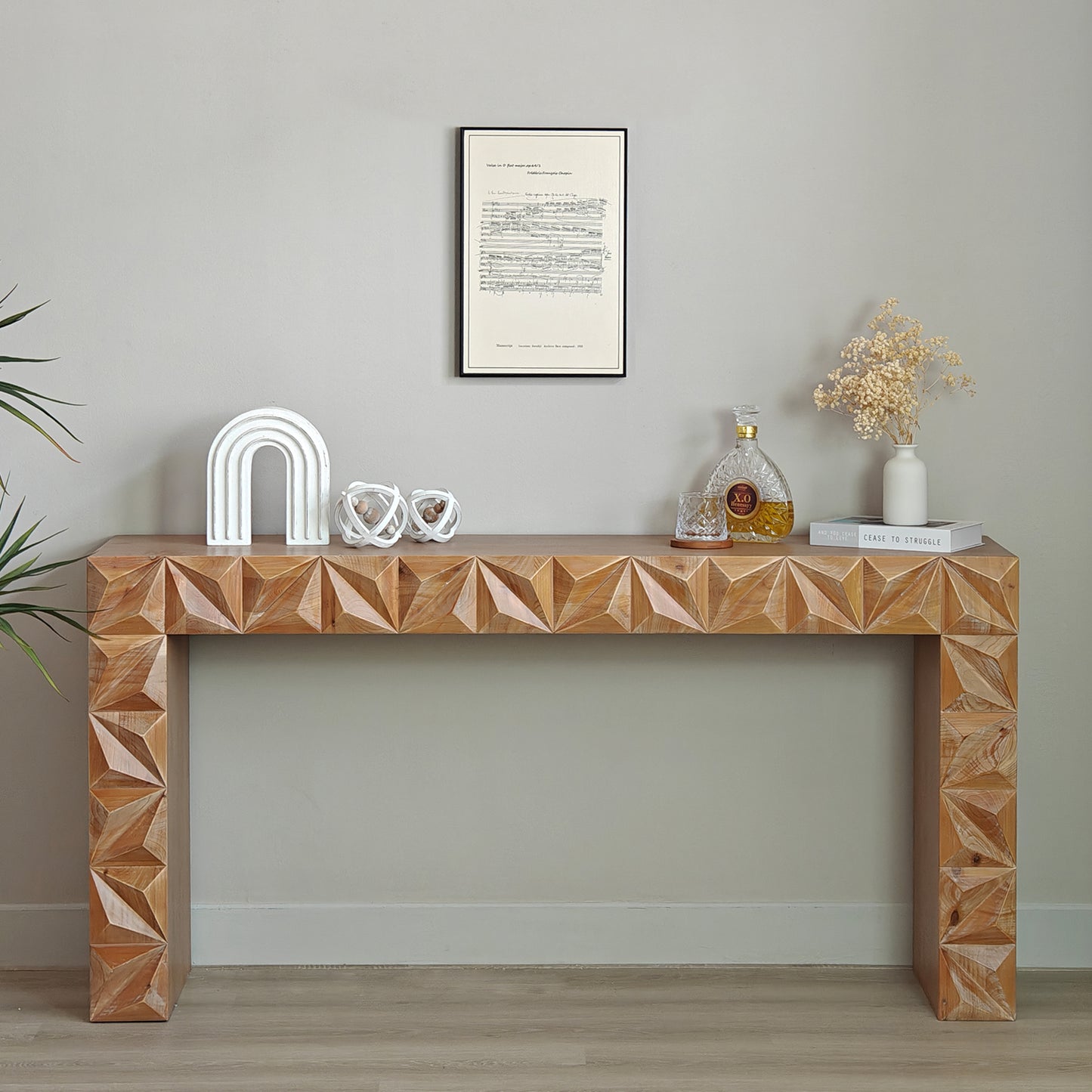 Boaz Modern Geometric Wooden Console Table – Dark Brown Finish with Handcrafted 3D Design