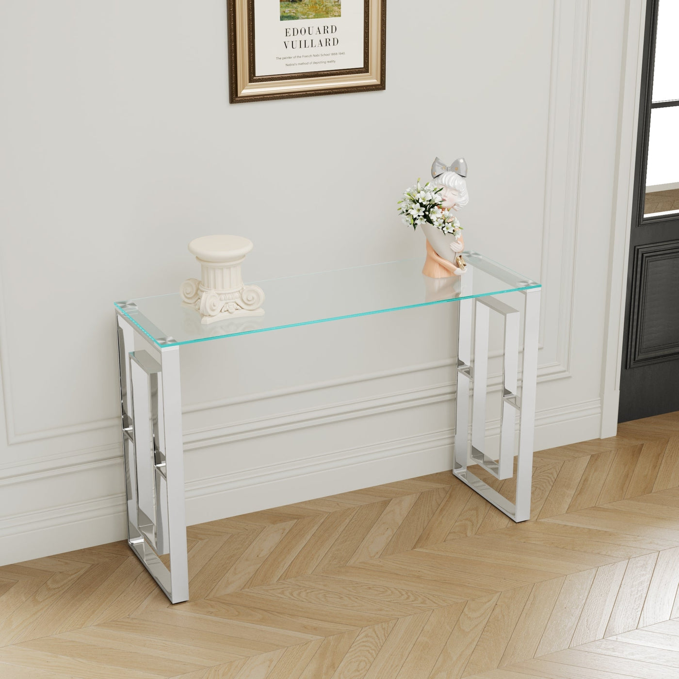 Chic Elegance Silver Stainless Steel & Glass Console Table