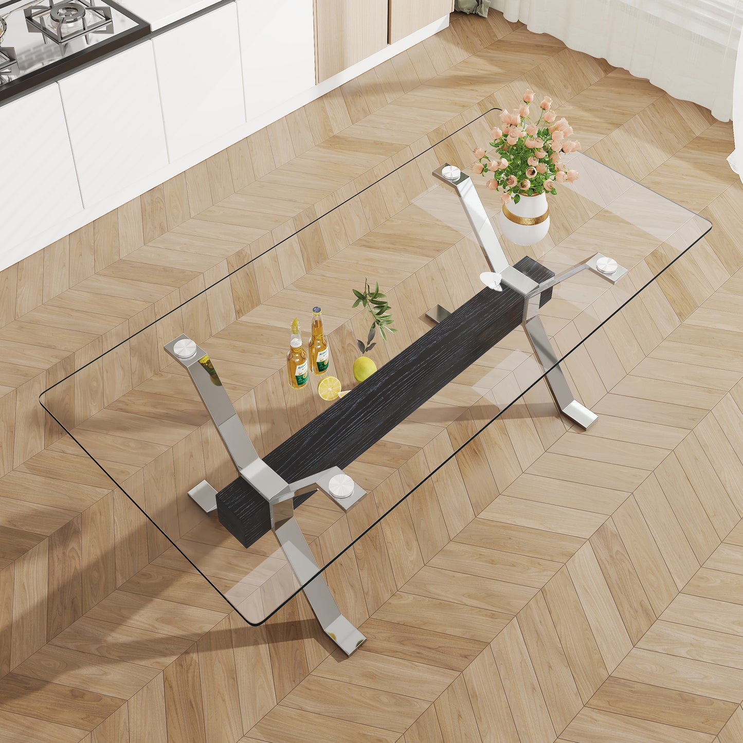 Oversher Modern Tempered Glass Dining Table with Crossbar & Silver Legs