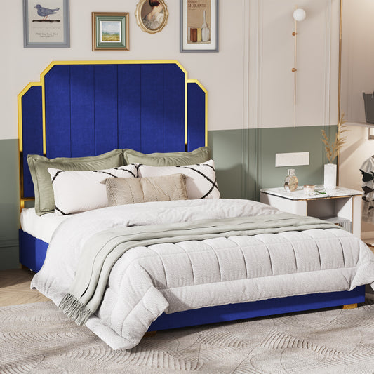 Amaryllis Modern Velvet & Metal Platform Bed, Blue & Gold