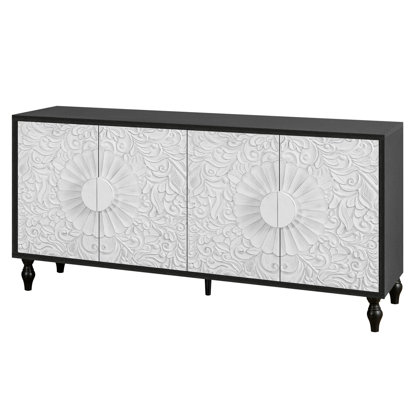 Finian Large Faceted Carved 4-Door Cabinet in Vintage White & Black