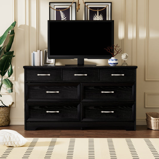 Carla Modern 7-Drawer Dresser with Silver Handles, Black