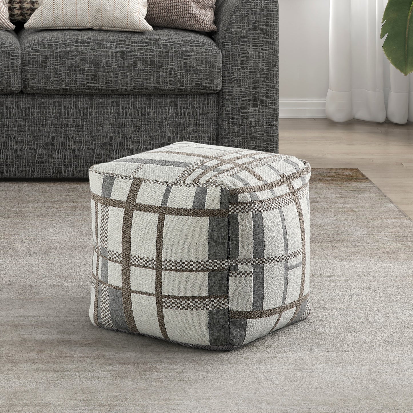 Square Pouf Multi-Color Jacquard Fabric Upholstery Modern Ottoman