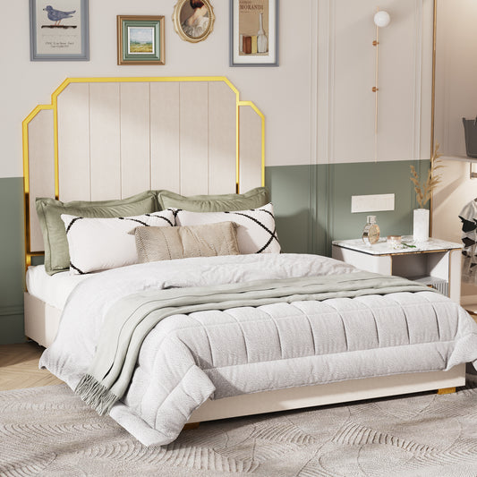 Amaryllis Modern Velvet & Metal Platform Bed, Cream & Gold