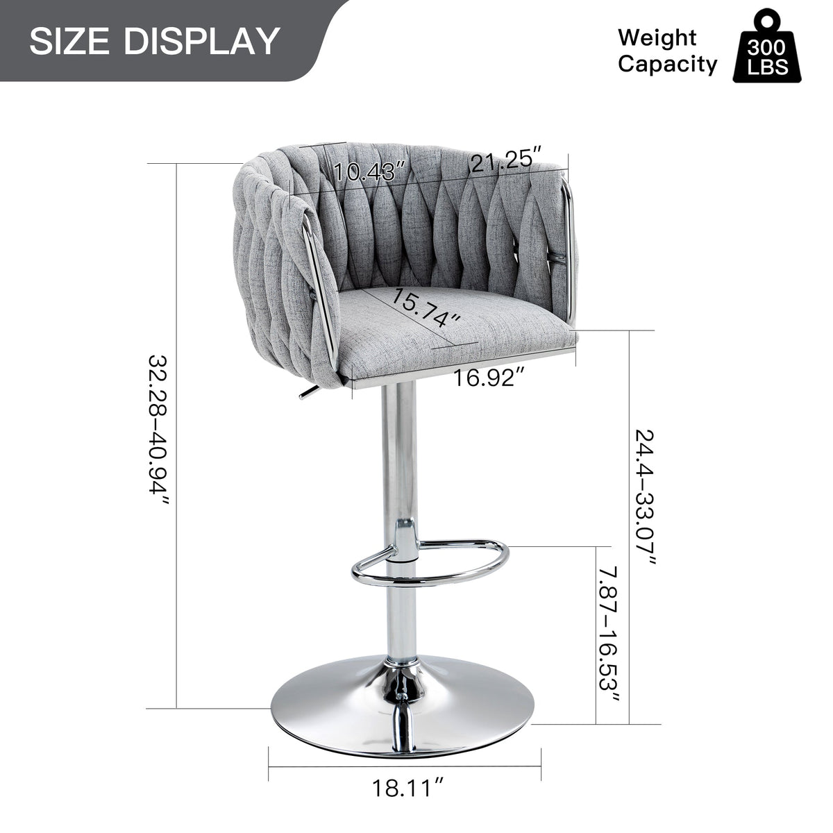 Stylish Gray Fabric 360 Swivel Bar Stools with Woven Back and Adjustable Height Set of 2 Grey