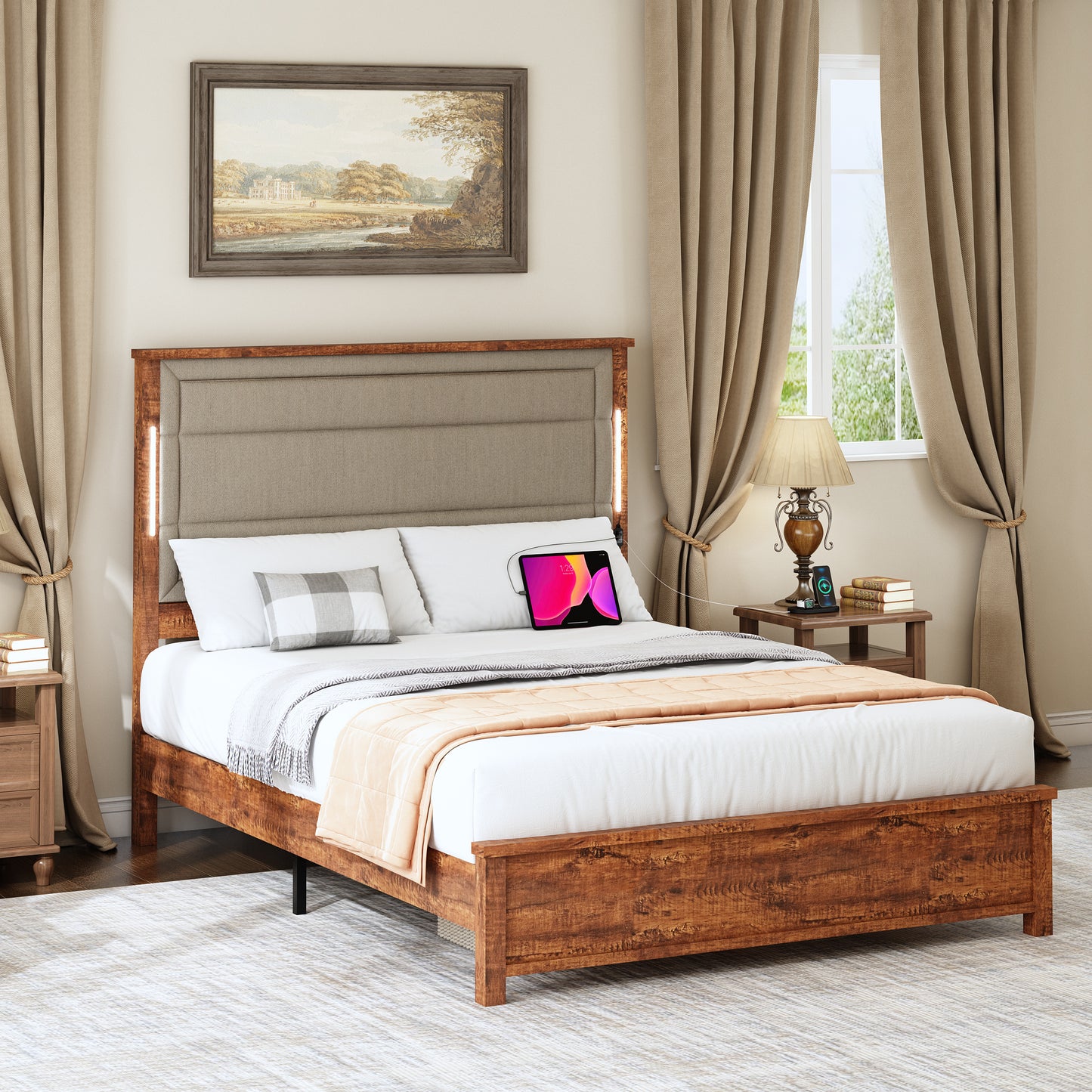 Aveline Transitional Wooden Queen Platform Bed with LED, Gray & Brown