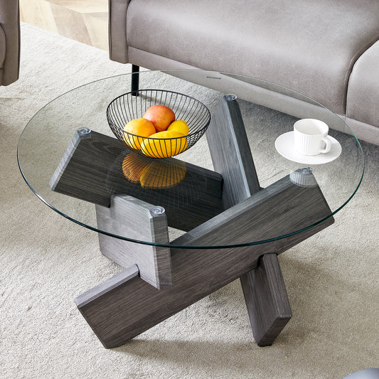 Shiela Modern Round Glass Top Coffee Table with Crossed Base