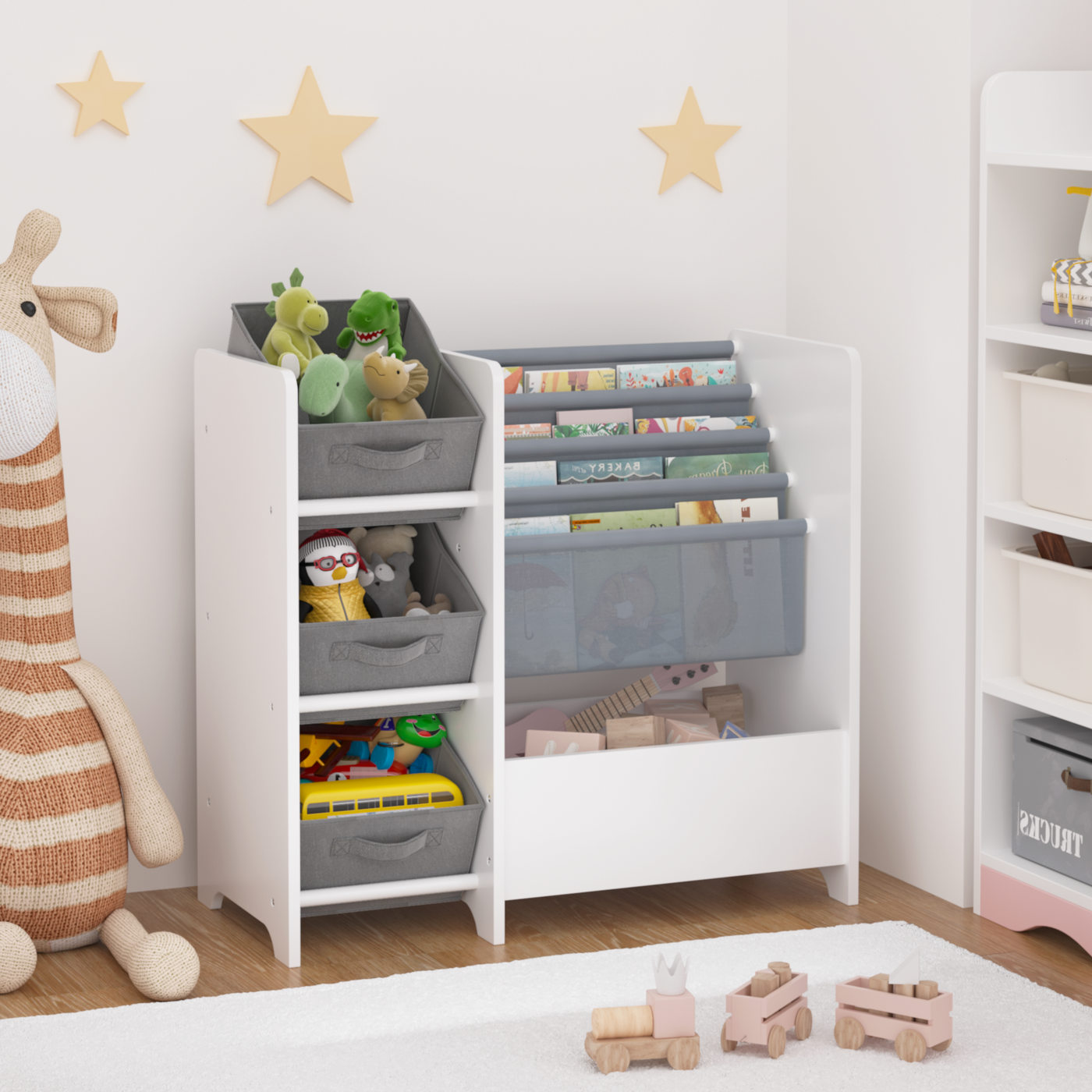 Tiny Reader Dual-Side Kids Book & Toy Organizer – White