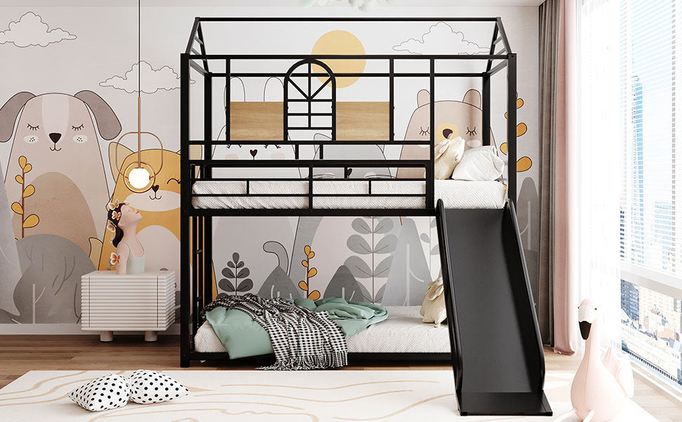 Lester Twin over Twin Metal Bunk Bed with Slide, Black