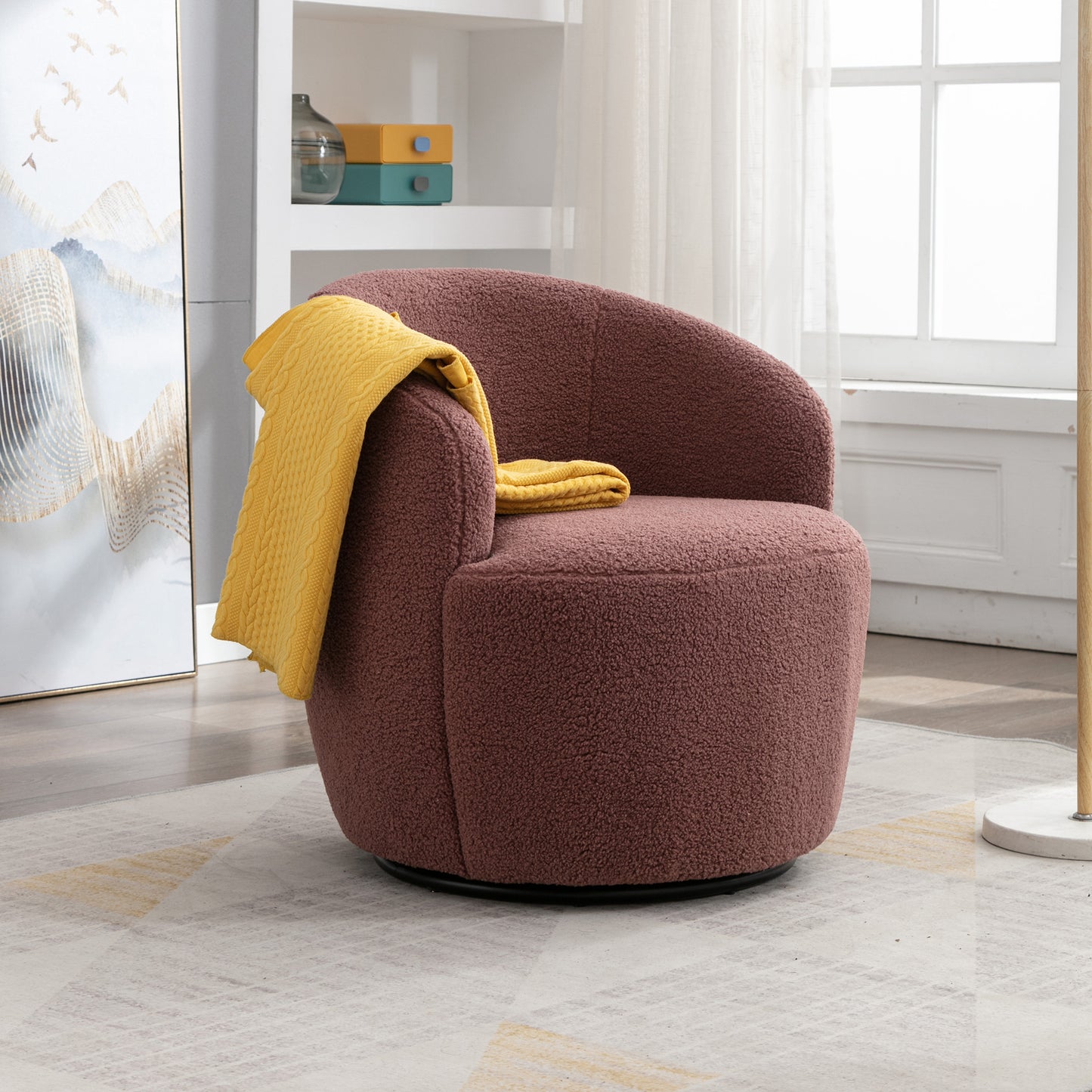 Trinity Teddy Upholstered Swivel Barrel Chair with Metal Ring - Dark Red